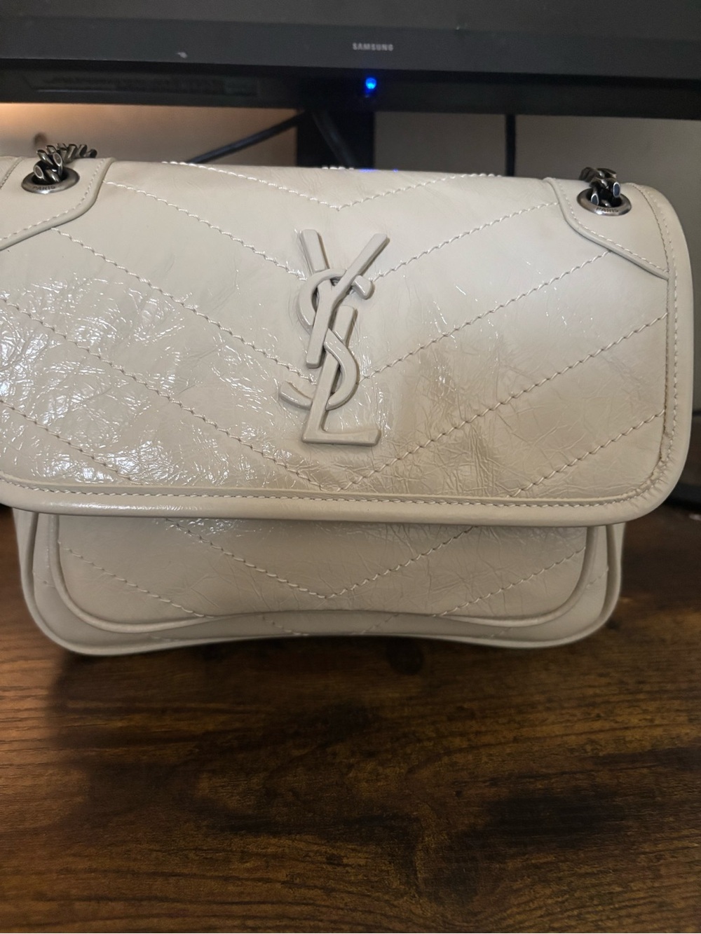 Saint Laurent Cream Quilted Leather Shoulder Bag with YSL Monogram